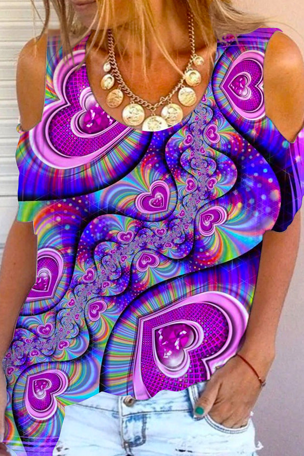 Purple Heart Rainbow Print Cold Shoulder T-Shirt