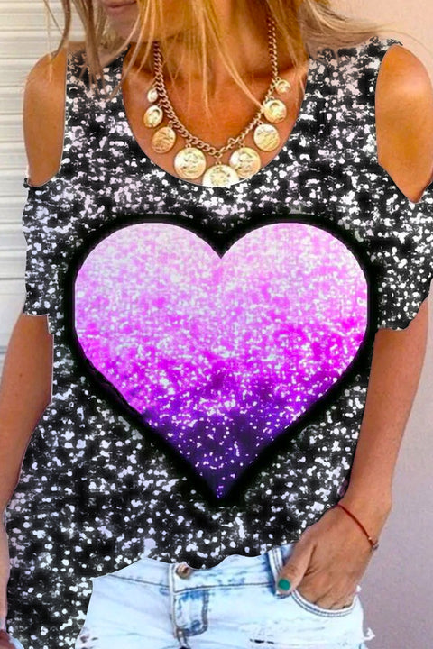 Purple Heart Rainbow Print Cold Shoulder Tank Top