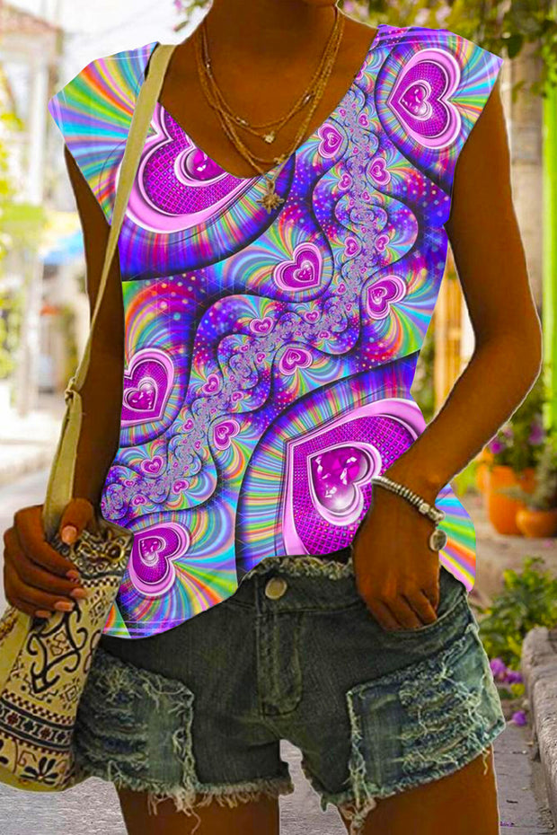 Purple Heart Rainbow Print Cold Shoulder Tank Top