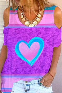 Tie Dye Colorful Heart Print Cold Shoulder T-Shirt