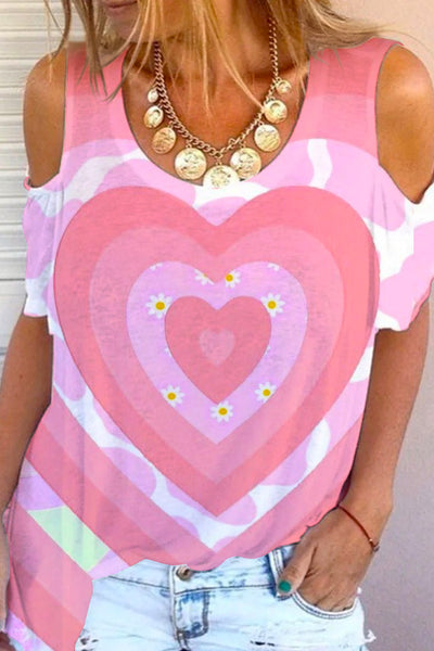 Tie Dye Pink Heart Print Cold Shoulder T-Shirt