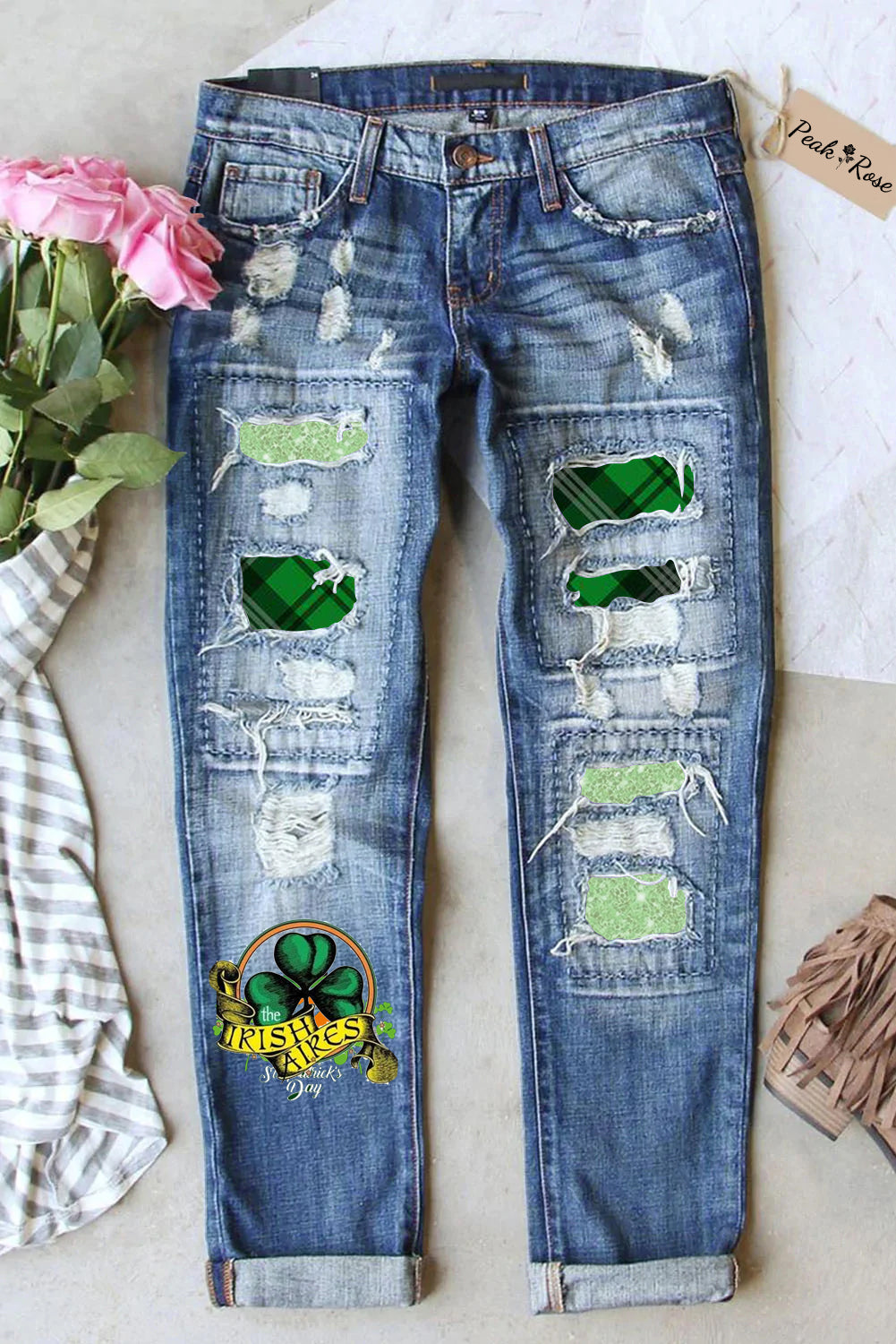 Green Vintage Check Sequin Ripped Denim Jeans