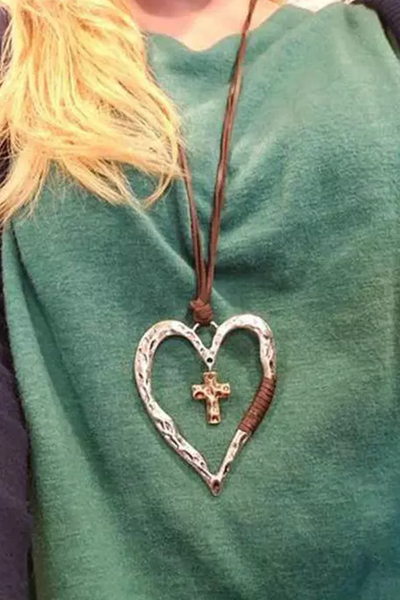Vintage Cross Hollow Out Heart Pendant Necklace