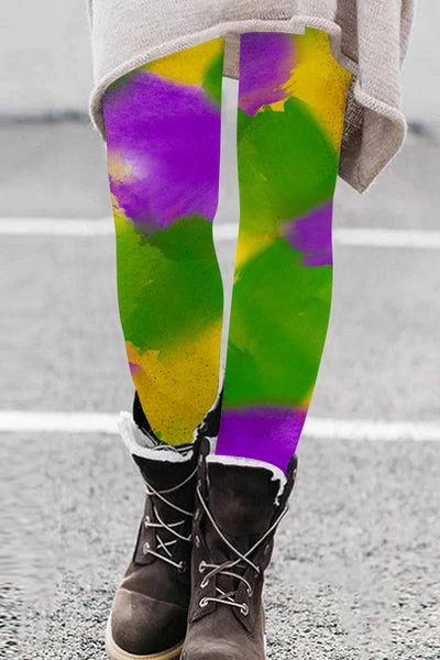 Vintage Mardi Gras Purple Green And Gold Splash Color Block Print Leggings