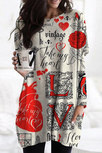 Vintage Newspaper Heart Ink Full Print Tunic With Pockets