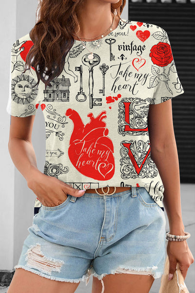 Vintage Newspaper Heart Ink Full Print T-shirt