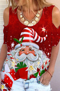 Vintage Oil Painting Santa Claus Pattern Cold Shoulder T-Shirt