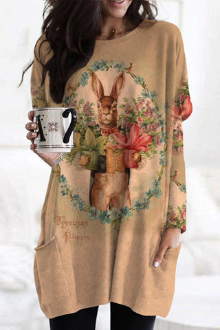 Vintage Oil Painting Bouquet Of Rabbits Tunic with Pockets