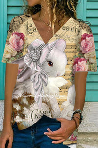 Vintage Piano Score Pictorial Lolita Rabbit's Afternoon Tea Fold V Neck Loose T-Shirt