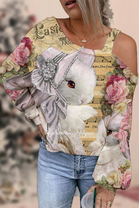 Vintage Piano Score Pictorial Lolita Rabbit's Afternoon Tea Off Shoulder Blouse