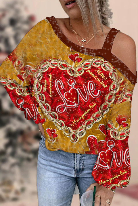 Vintage Holiday Wrapped Gold Sequin Heart Print Off-shoulder Blouse