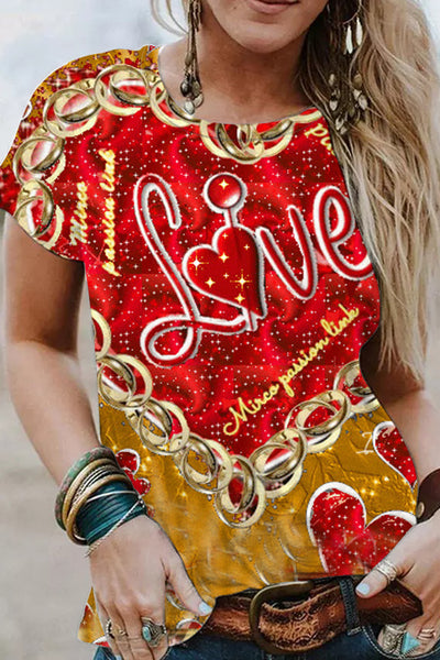 Vintage Holiday Wrapped Gold Sequin Heart Print T-shirt