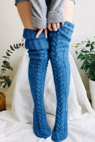 Warm Over Knee Extra Long Knitted Blue Socks