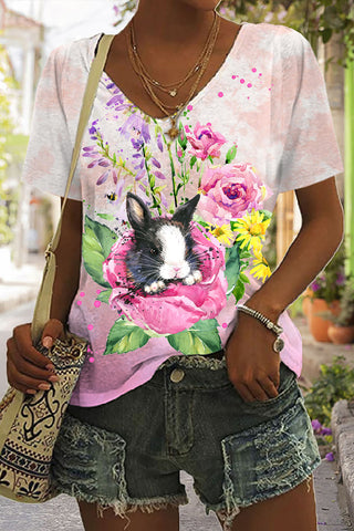 Watercolor Painting Of Black And White Cow Print Bunny In Rose Garden V Neck T-shirt