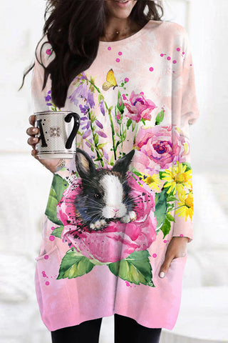 Watercolor Painting Of Black And White Cow Print Bunny In Rose Garden Tunic with Pockets