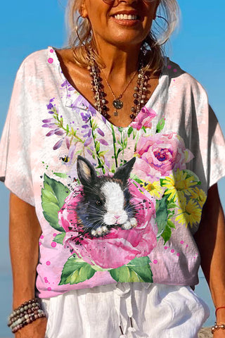 Watercolor Painting Of Black And White Cow Print Bunny In Rose Garden Dolman Sleeves Tee