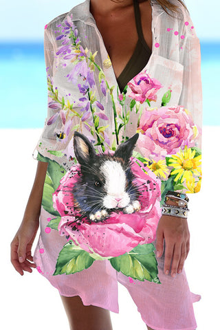 Watercolor Painting Of Black And White Cow Print Bunny In Rose Garden Patch Front Pockets Shirt