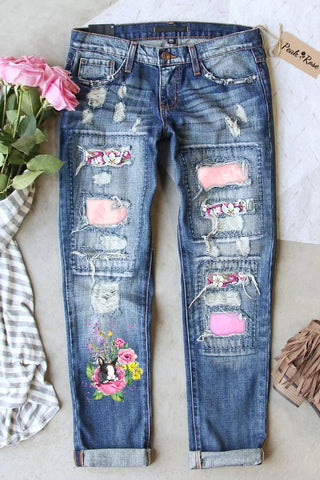 Watercolor Painting Of Black And White Cow Print Bunny In Rose Garden Ripped Denim Jeans