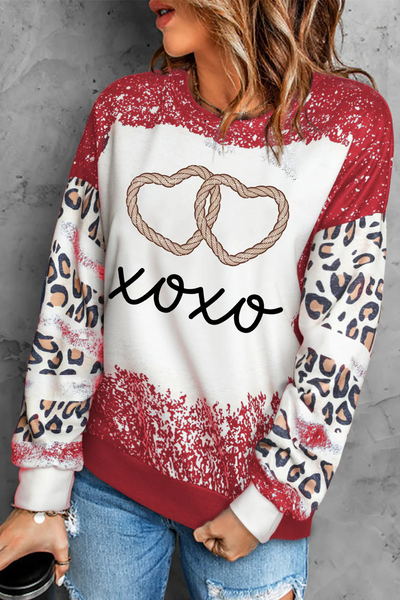 Leopard XOXO Color Block Decoration Round Neck Sweatshirt