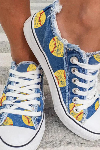 Softball Print Blue Denim Style Canvas Shoes