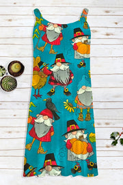 Retro Vintage Christmas Gnomes Turkey Print Sleeveless Dress