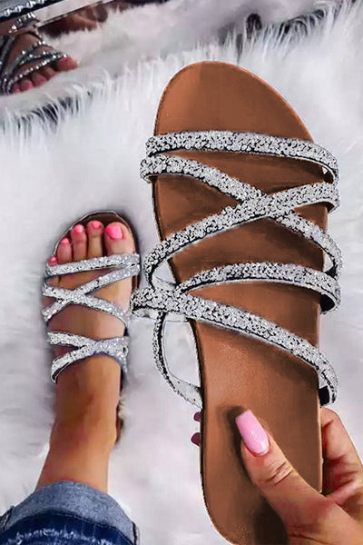 Round Toe Bling Flat Sandals