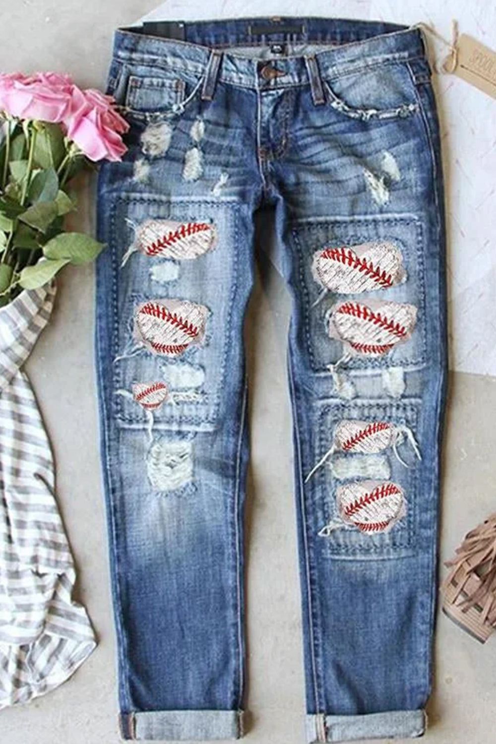 Baseball Print Ripped Jeans
