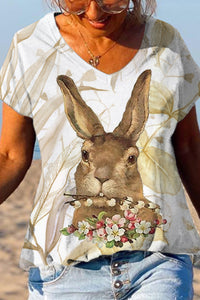 Brown Rabbit Biting A Bouquet V Neck T-shirt