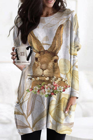 Brown Rabbit Biting A Bouquet Tunic with Pockets