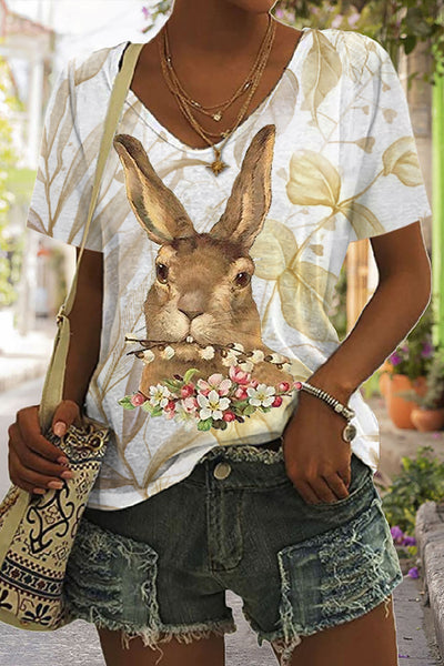 Brown Rabbit Biting A Bouquet V Neck T-shirt