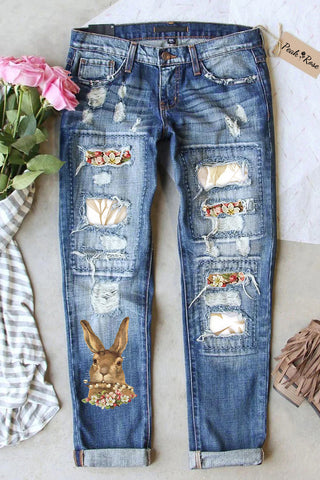 Brown Rabbit Biting A Bouquet Ripped Denim Jeans