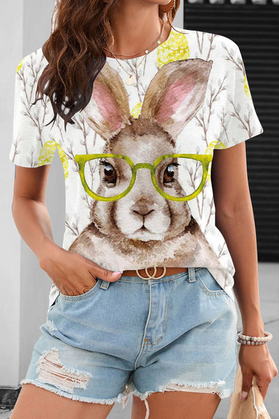 Brown Watercolor Rabbit Growing Branches Yellow O Neck T-shirt