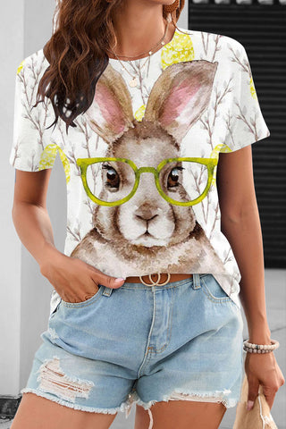 Brown Watercolor Rabbit Growing Branches Yellow O Neck T-shirt