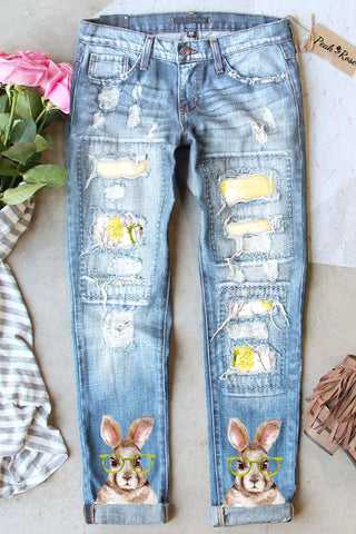 Brown Watercolor Rabbit Growing Branches Yellow Ripped Denim Jeans