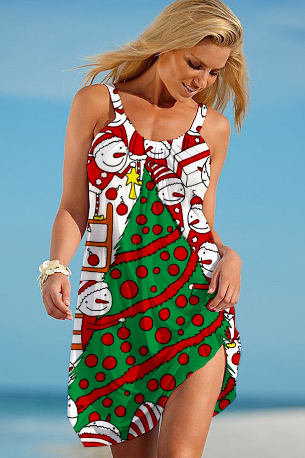 Retro Vintage Christmas Tree Snowman Print Sleeveless Dress