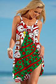 Retro Vintage Christmas Tree Snowman Print Sleeveless Dress