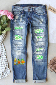 Cute Green Clover Elf Gnome Dwarf Ripped Denim Jeans