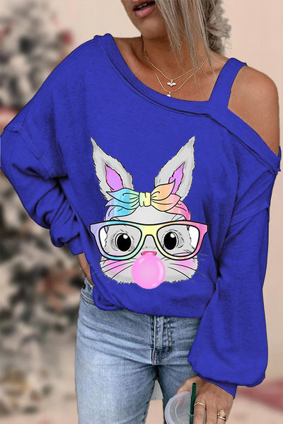 Cute Rainbow Turban Glasses Rabbit Blowing Bubbles Cute Rabbit Off Shoulder Blouse