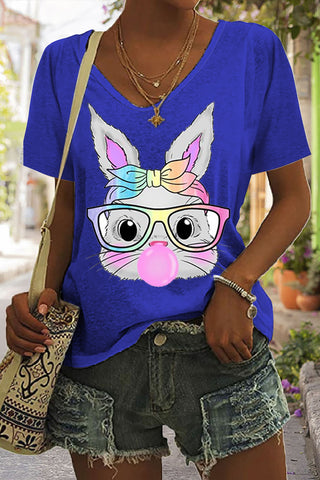 Cute Rainbow Turban Glasses Rabbit Blowing Bubbles Cute Rabbit V Neck T-shirt