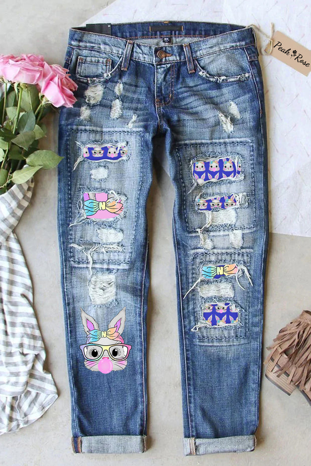 Cute Rainbow Turban Glasses Rabbit Blowing Bubbles Cute Rabbit Ripped Denim Jeans