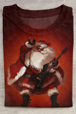Casual Loose Round Neck Guitar Santa Claus Printed T-Shirt