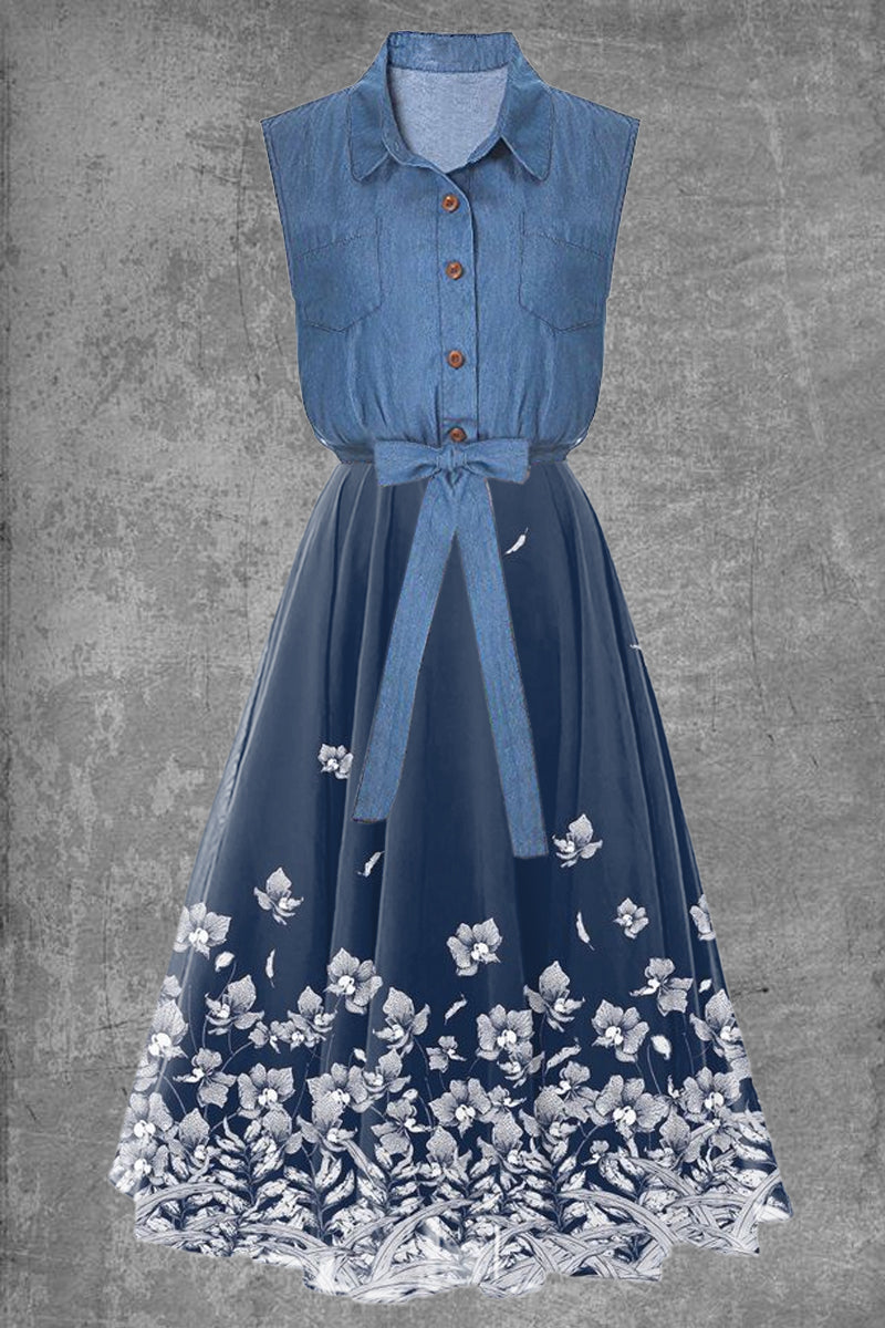 Women'S Denim Print Waist-Skimming Stand-Up Collar Blue Dress