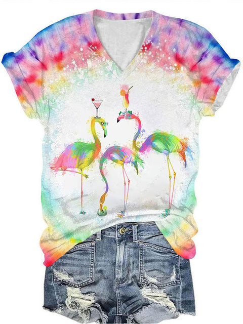 Women's Christmas Flamingo Print V-Neck T-Shirt