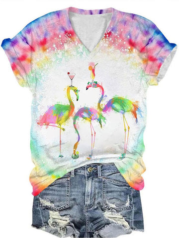 Women's Christmas Flamingo Print V-Neck T-Shirt
