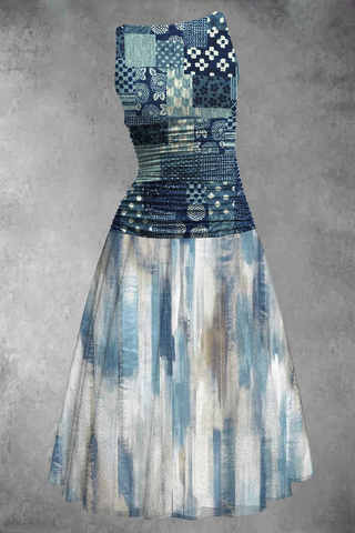 Women's Vintage Geometric Graphic Panel Sleeveless Casual Midi Dress