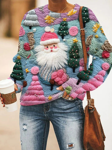 Women's Loose Colorful Santa Claus Printed Long-Sleeved Sweatshirt