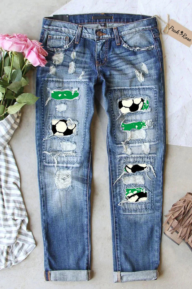 Engraving Football On Grass Print Ripped Denim Jeans