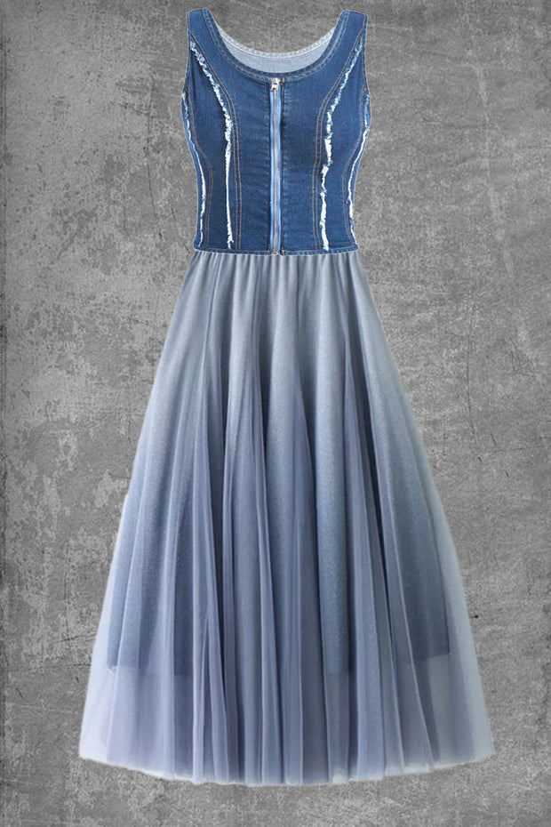 Women'S Vintage Denim Mesh Splicing Sleeveless Dress