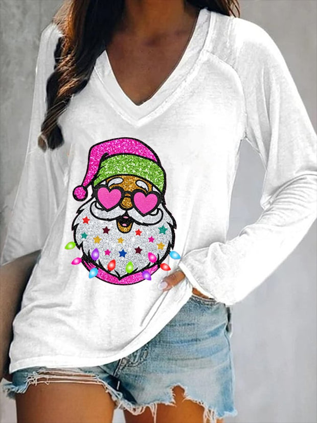 Women's Shiny Santa Print Long Sleeve V-Neck T-Shirt