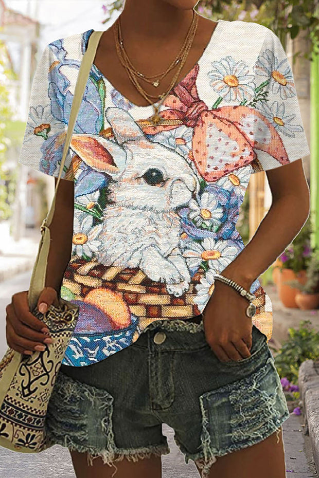 Flower Basket Flower Egg Gift Rabbit Flower Basket V Neck T-shirt